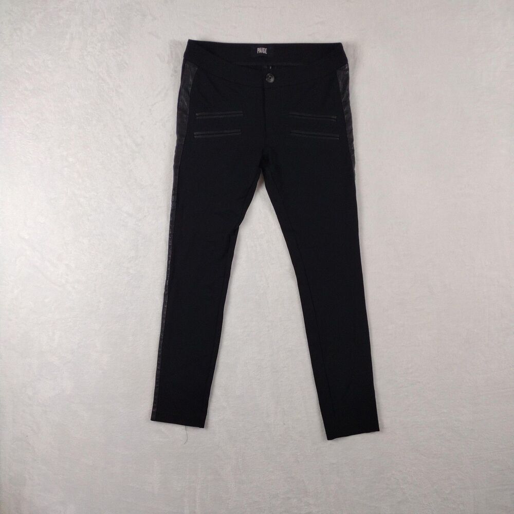 Paige Black Faux Leather Side Stripe Skinny Pants Size 28 Mid Rise Trousers